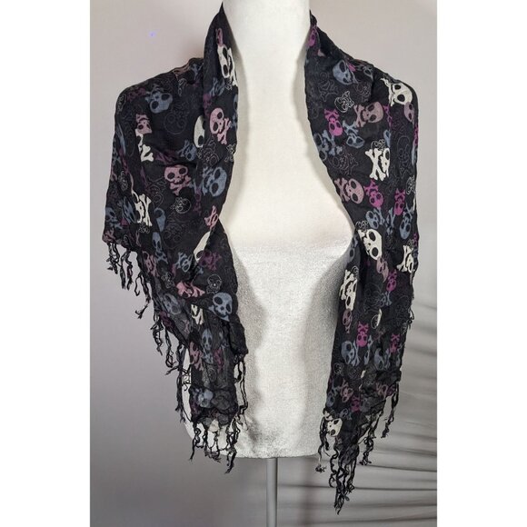 Gothic Y2K Skull And Crossbone Lightweight Scarf With Fringe - Picture 5 of 8